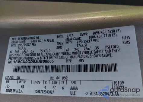 2018 Ford Escape Se z USA, uszkodzony, nr VIN 1FMCU0GD0JUB08005